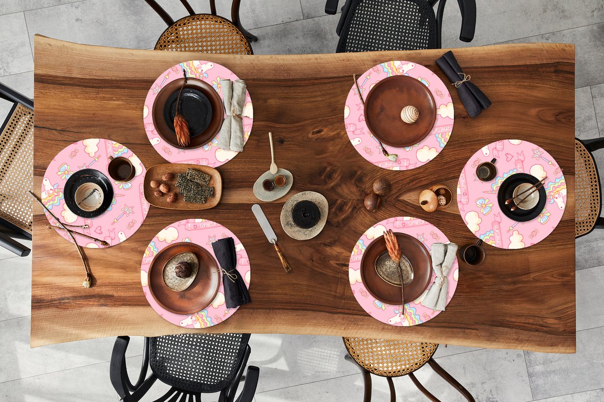 Ronde placemats - Onderlegger - Placemats rond - Unicorn - Roze - Patronen - Kind - 6 stuks