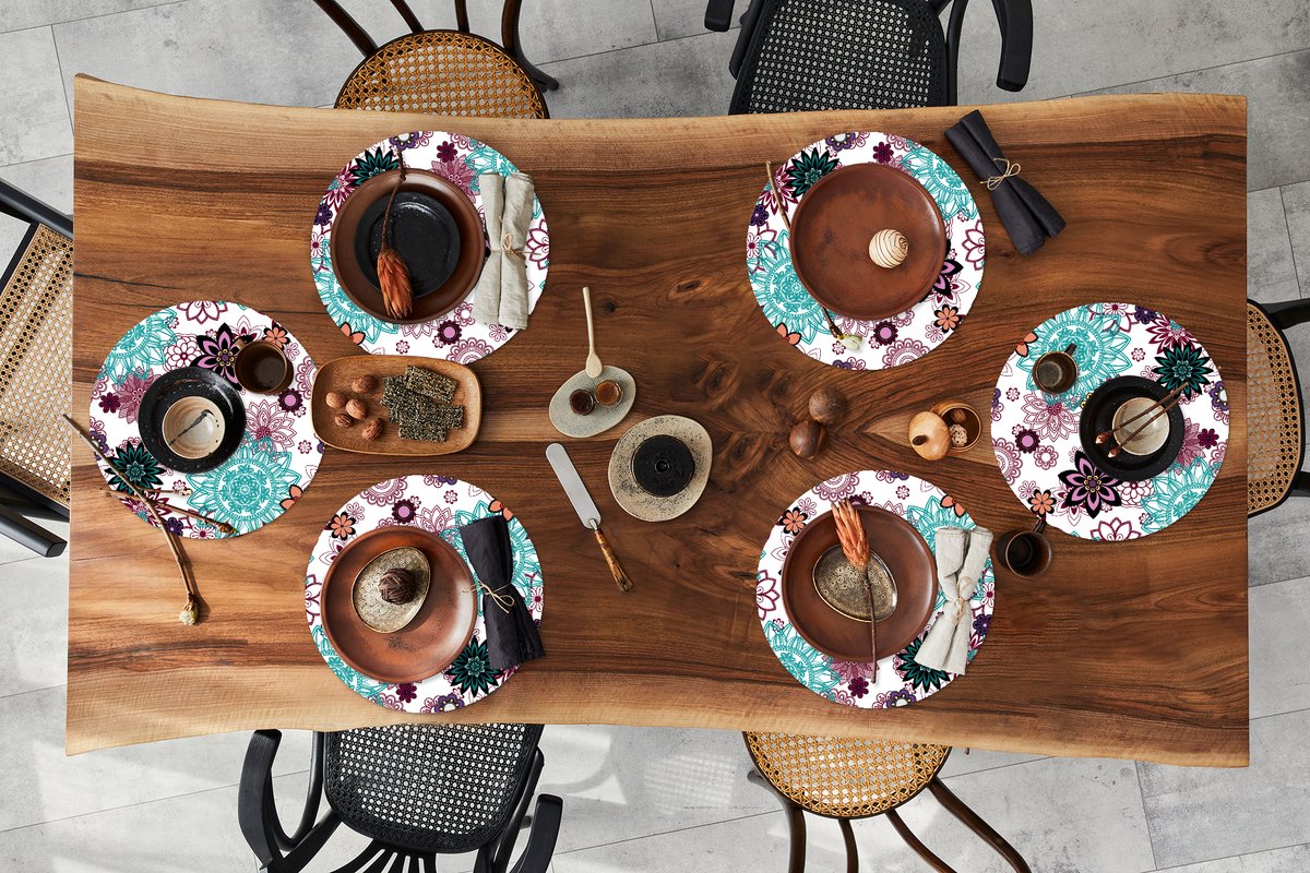 Ronde placemats - Onderlegger - Placemats rond - Mandala - Bloemen - Patroon - 6 stuks