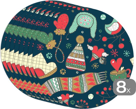 Sets de table ronds - Dessous de verre - Napperons de table ronds - Hiver - Design - Thee - Gants - Chapeau - 8 pièces - Noël - Cadeau - Cadeau de Noël pour hommes, femmes et enfants