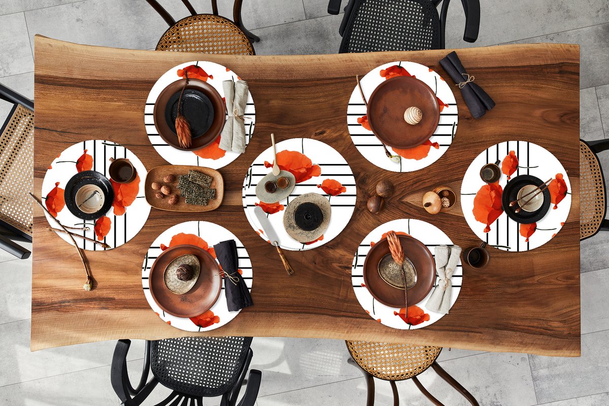 Ronde placemats - Onderlegger - Placemats rond - Muziek - Notenbalk - Klaproos - 8 stuks