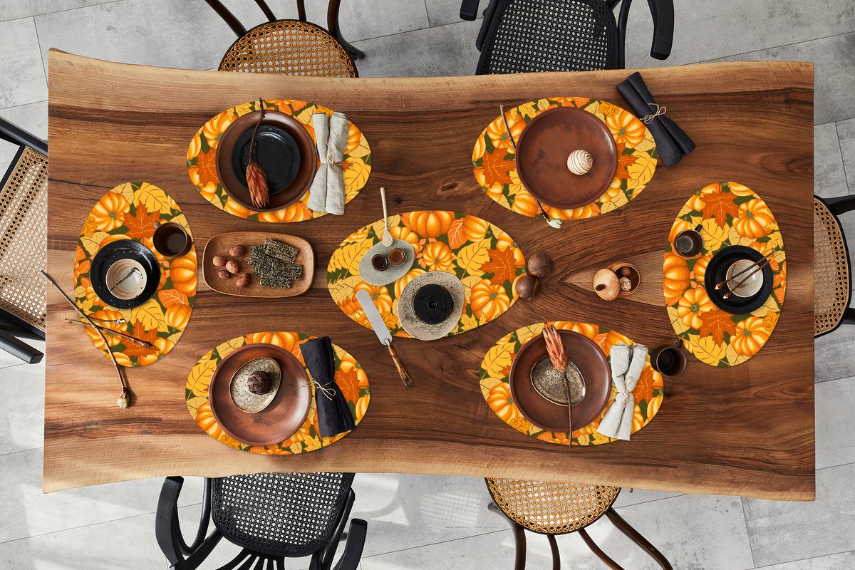 Placemats ovaal - Onderleggers - Ovale placemats - Herfst - Patroon - Pompoen - 10 stuks