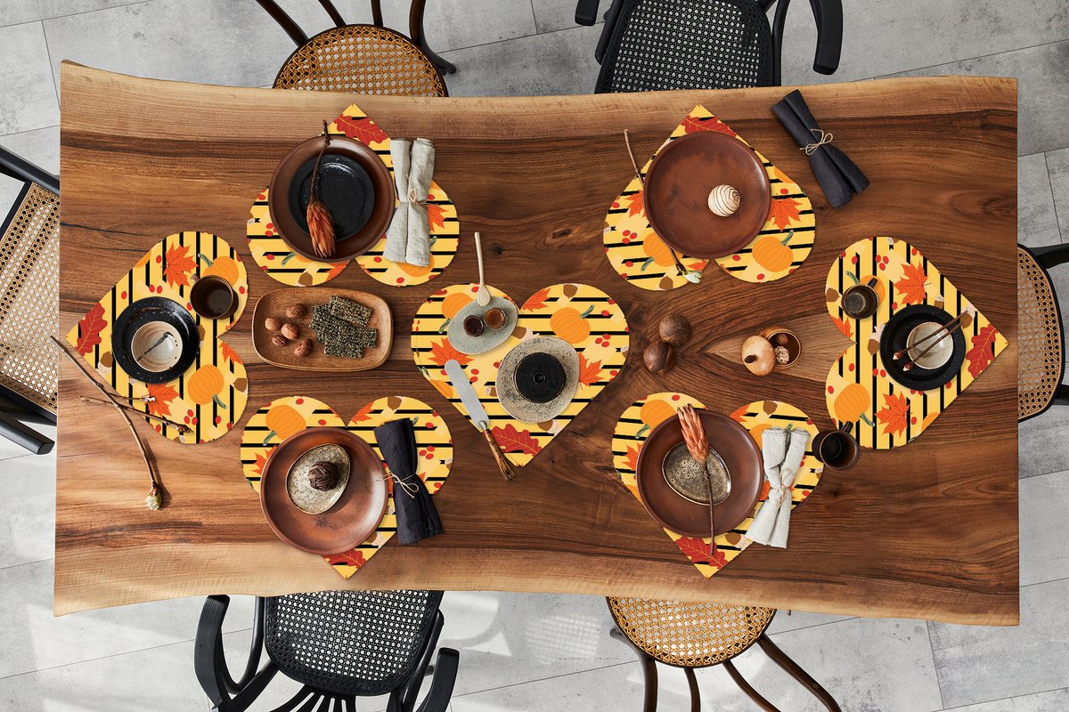 Onderleggers - Placemats - Placemats hartje - Pompoen - Bes - Bladeren - Herfst - Patroon - 8 stuks