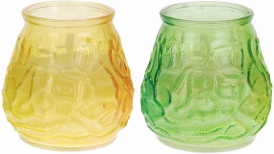 Windlicht geurkaars - 2x - geel/groen glas - 48 branduren - citrusgeur