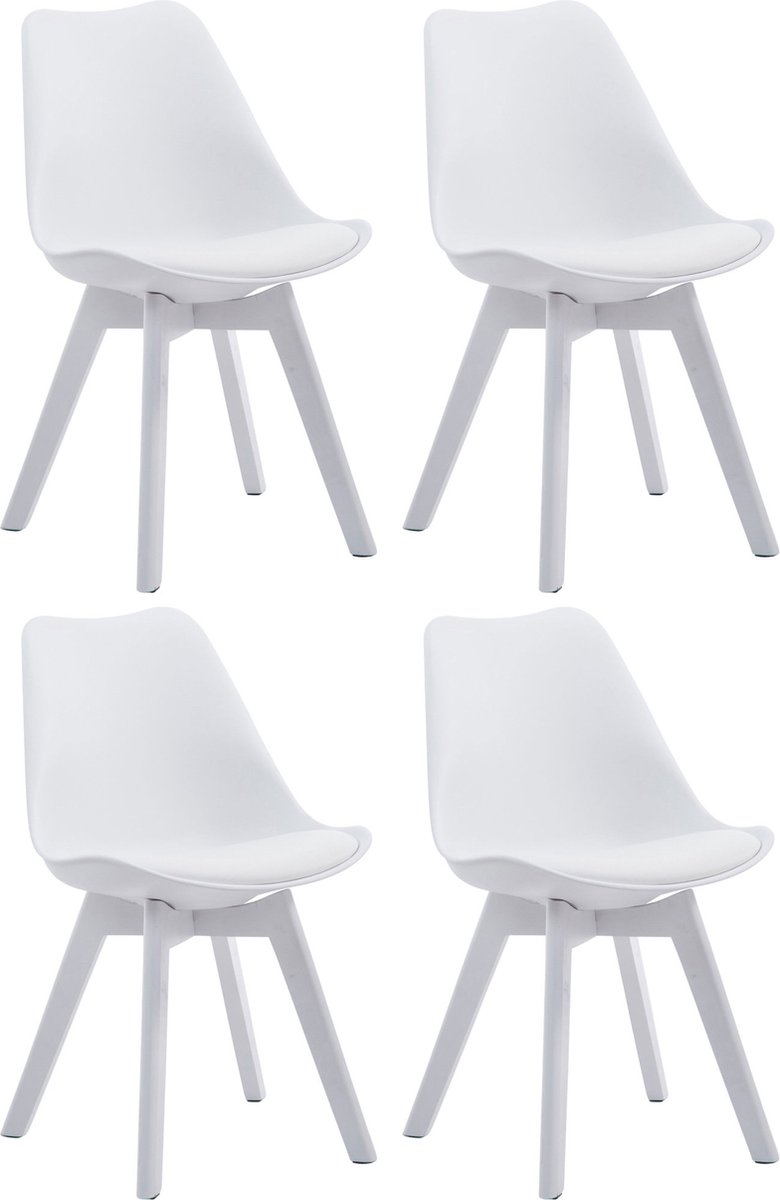 CLP Borneo Set van 4 eetkamerstoelen - Zonder armleuning - Hout frame - Kunstleer - wit wit