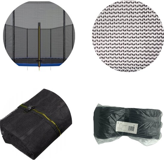 Trampoline veiligheidsnet opgevouwen, een trampoline met net, detail van het net en verpakking.