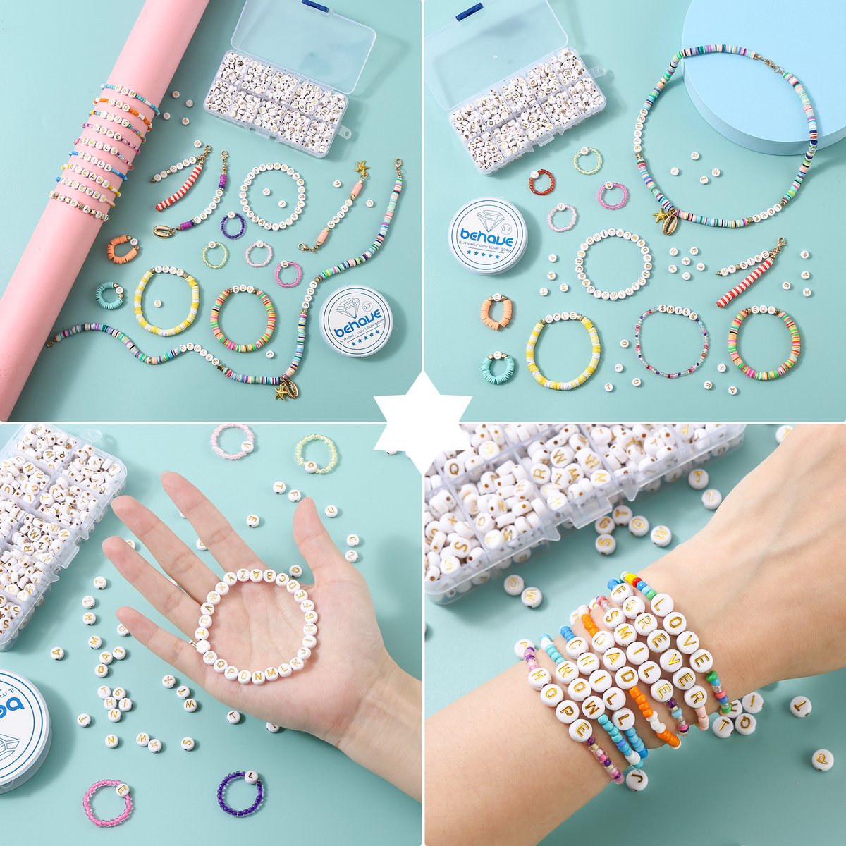 Behave Letterkralen Set - Wit met Gouden Letters - Acryl - Kralen - Alfabet Kralen - 7mm - 624 Stuks — afbeelding 3