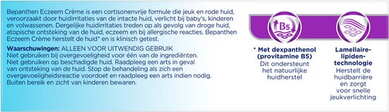 Gedetailleerde productinformatie over Bepanthen Eczeem crème met twee iconen: "B5" en "Lamellaire lipiden technologie".