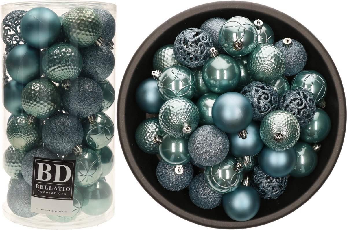Bellatio Decorations Kerstballen mix - 74-delig - ijsblauw - arctic blue mix - 6 cm - kunststof