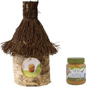 Nichoir / mangeoire / maison au beurre de cacahuète en bois de bouleau avec toit de chaume / osier 36 cm y compris beurre de cacahuète pour oiseaux - Mangeoire à oiseaux