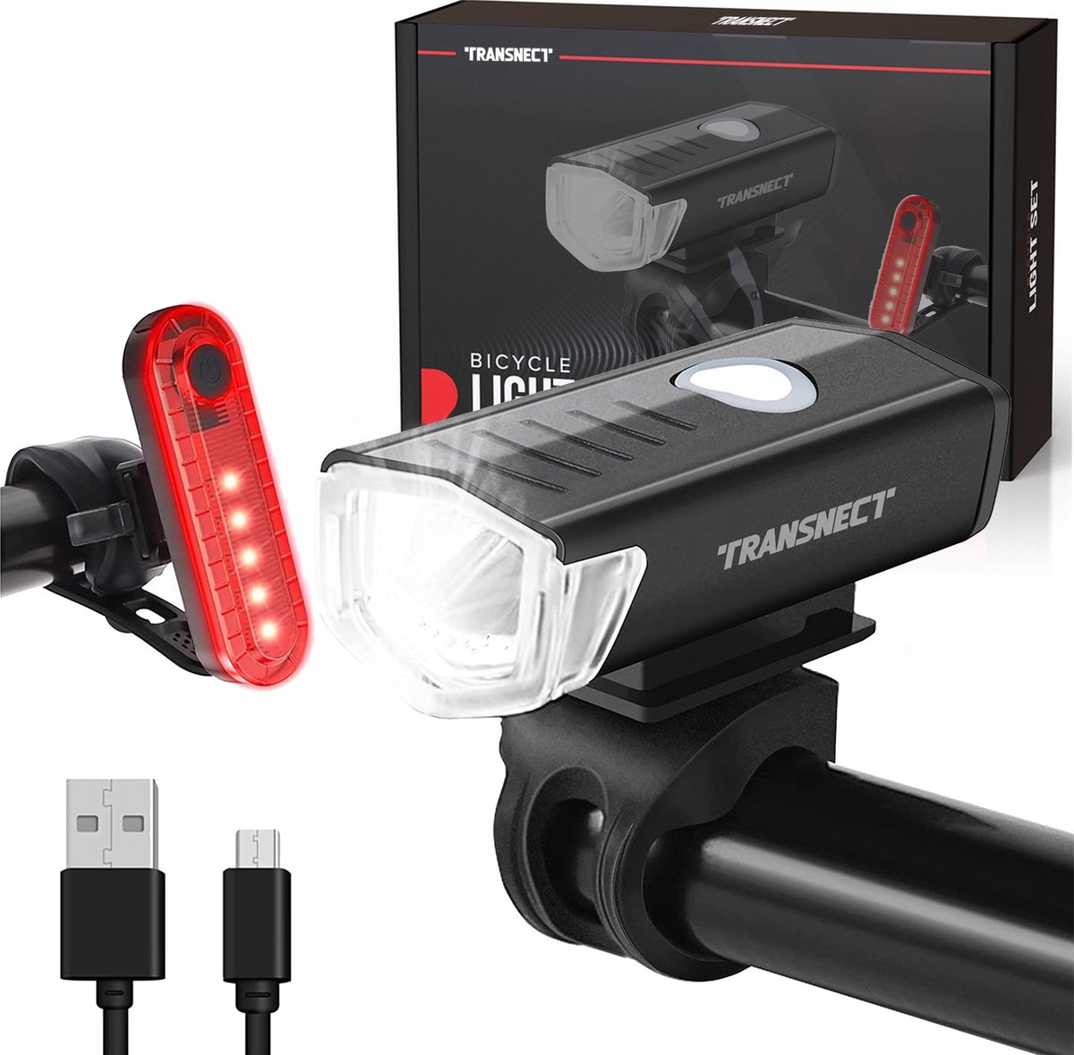 Transnect ® – Fietsverlichting LED set - 3 lichtstanden – USB oplaadbaar - Draagbaar - Waterdicht - Zwart