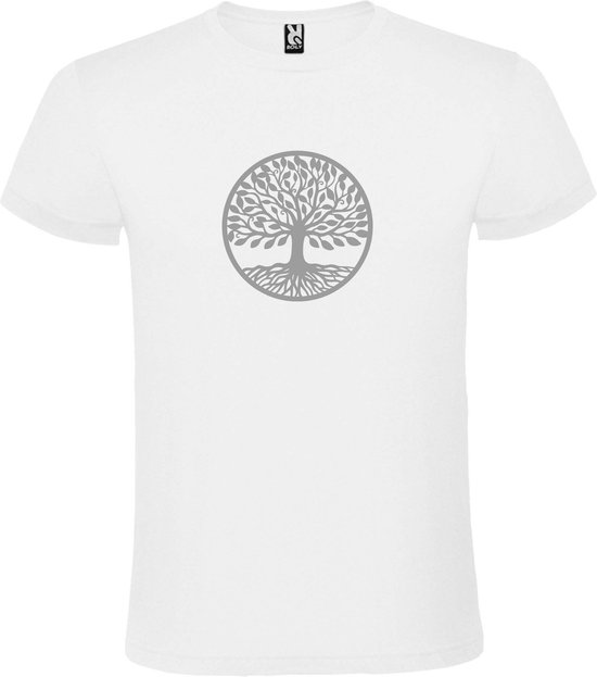 Wit T shirt met print van " mooie Levensboom " print Zilver size L