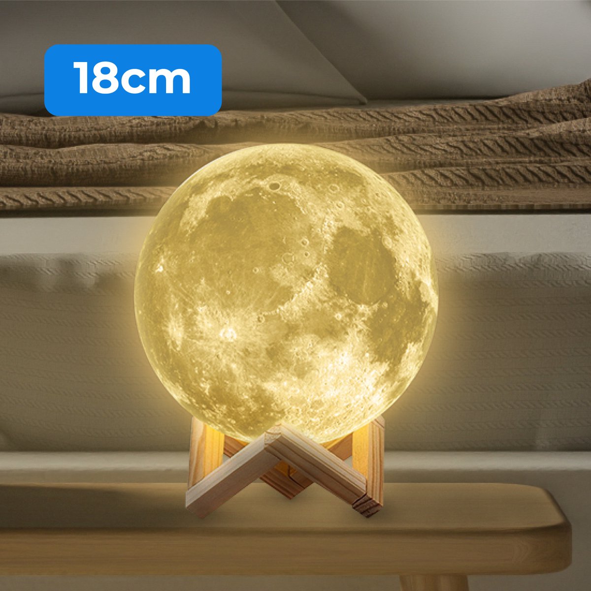Nuvance - Maanlamp 3D Tafellamp - 18 cm - Warm Wit - Maan Lamp - Moon Lamp - Maan Lampje Babykamer - Nachtlampje Kinderen voor Slaapkamer