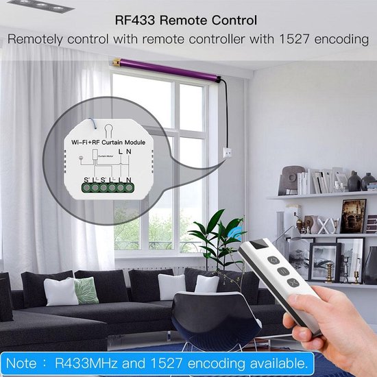 RF433 afstandsbediening bedient rolluik met Wi-Fi+RF Curtain Module.