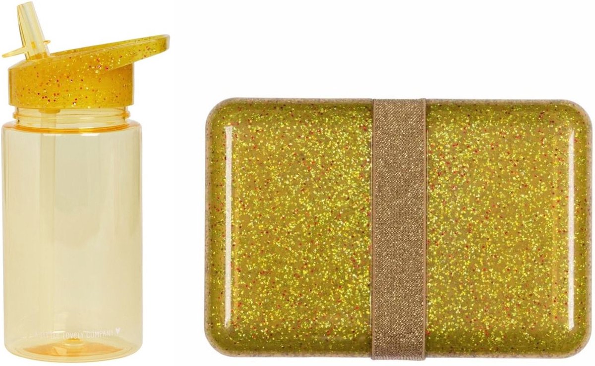 Combivoordeel; drinkfles en broodtrommel: Glitter goud | A Little Lovely Company