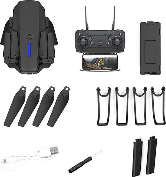 Zwarte opvouwbare drone met controller, 3 accu's, reserve propellers en oplaadkabel.