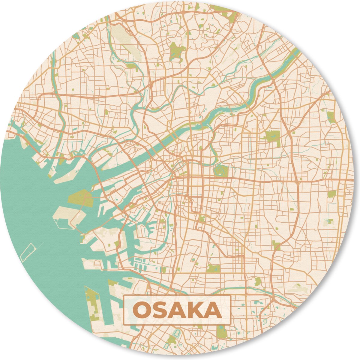 Muismat rond 50x50 cm - Mousepad Kaart - Osaka - Stadskaart - Vintage - Plattegrond - Ronde muismatten - Stadskaart