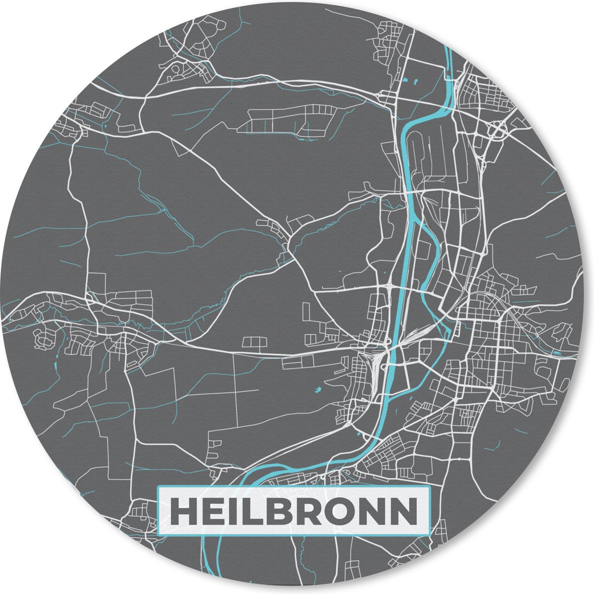 Muismat rond 40x40 cm - Mousepad Duitsland – Blauw – Heilbronn – Stadskaart – Kaart – Plattegrond - Ronde muismatten - Stadskaart