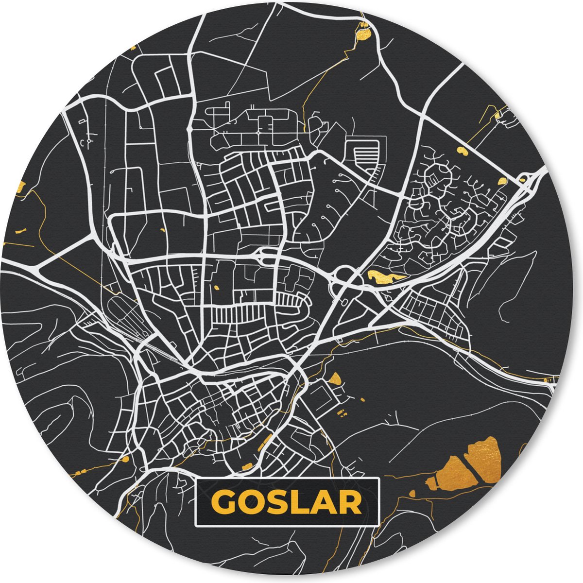 Muismat rond 30x30 cm - Mousepad Black and Gold – Stadskaart – Goslar – Duitsland – Plattegrond – Kaart - Ronde muismatten - Stadskaart