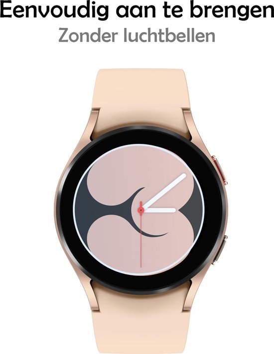 Zandkleurig horloge met ronde wijzerplaat, tekst: Eenvoudig aan te brengen, Zonder luchtbellen.