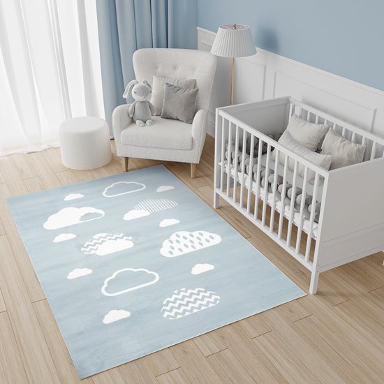 Tapiso Baby Vloerkleed Blauw Wit Hemel Modern Kinderkamer Tapijt Maat- 160x220