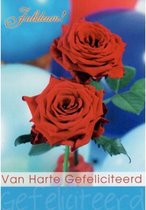 Jubileum! Van harte gefeliciteerd! Een prachtige wenskaart met rode rozen voor een speciale gelegenheid! Een leuke kaart om zo te geven of om bij een cadeau te voegen. Een dubbele wenskaart inclusief envelop en in folie verpakt.