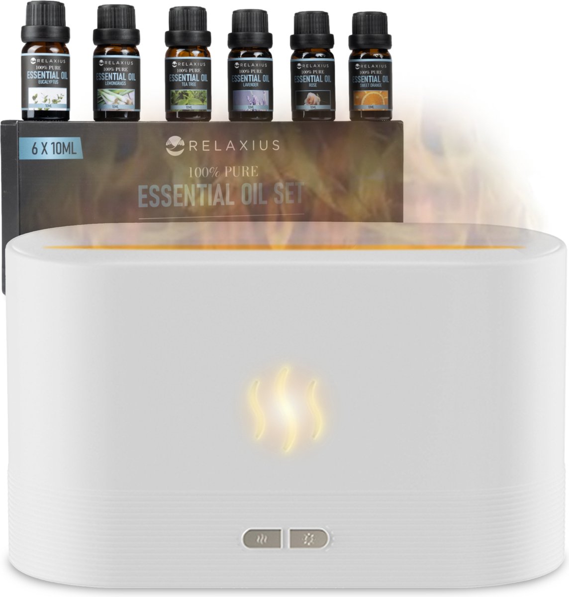 Relaxius® Aroma Diffuser- Inclusief 6x Etherische olie set - Luchtbevochtiger - Wit - 180ML - Vlam
