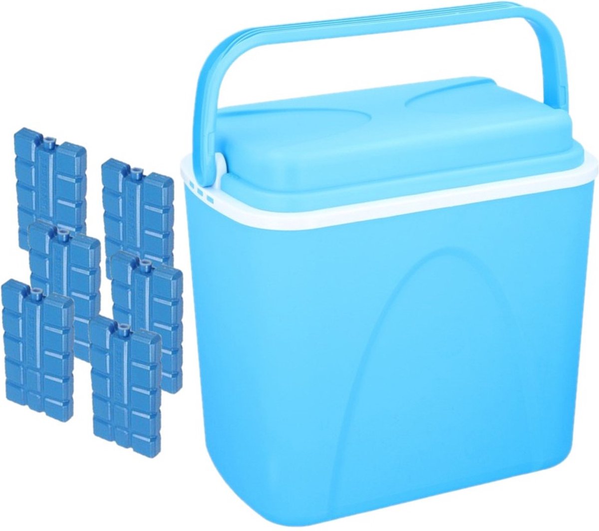 Voordelige normale blauwe koelbox 24 liter - 38 x 26 x 39 cm - met 6x normale koelelementen van 15 x 8 x 2 cm