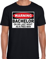 Vrijgezellen Warning bachelor free man t-shirt zwart heren - Vrijgezellenfeest kleding / shirt mannen S