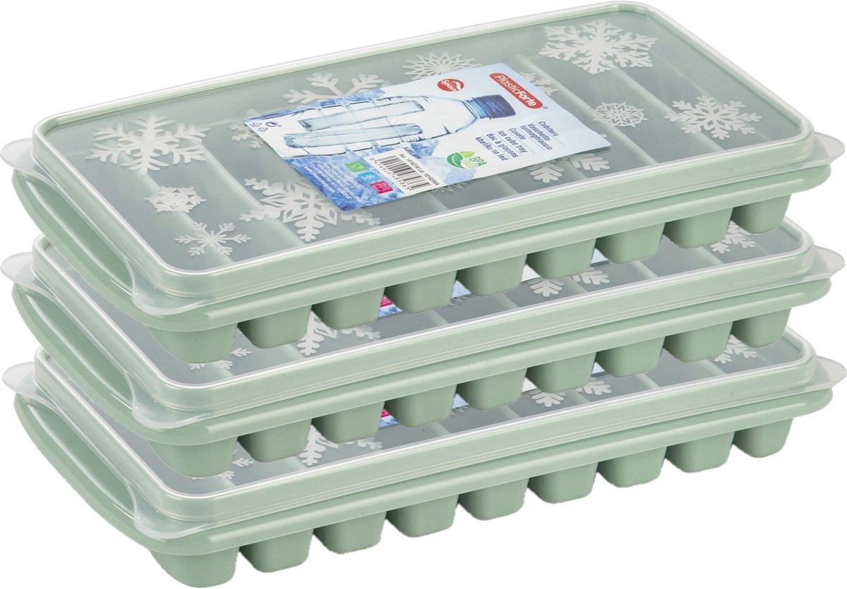 Plasticforte ijsblokjes tray - 3x stuks - mintgroen - kunststof - 26 x 13 x 4 cm - flessenhals ijsstaafjes - 9 vakjes