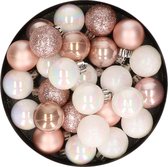 28x stuks kunststof kerstballen parelmoer wit en lichtroze mix 3 cm - Kerstboomversiering