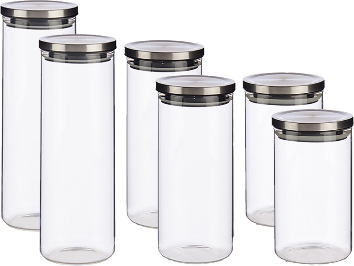 6x stuks glazen luxe keuken voorraadpotten/voorraadbussen zilveren deksel 1000 ml-1380 ml-1700 ml - 2x stuks per formaat