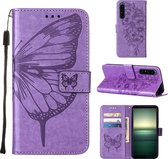 Mobigear Telefoonhoesje geschikt voor Sony Xperia 1 IV Hoesje | Mobigear Butterfly Bookcase Portemonnee | Pasjeshouder voor 2 Pasjes | Telefoonhoesje voor Pinpas / OV Kaart / Rijbewijs - Paars