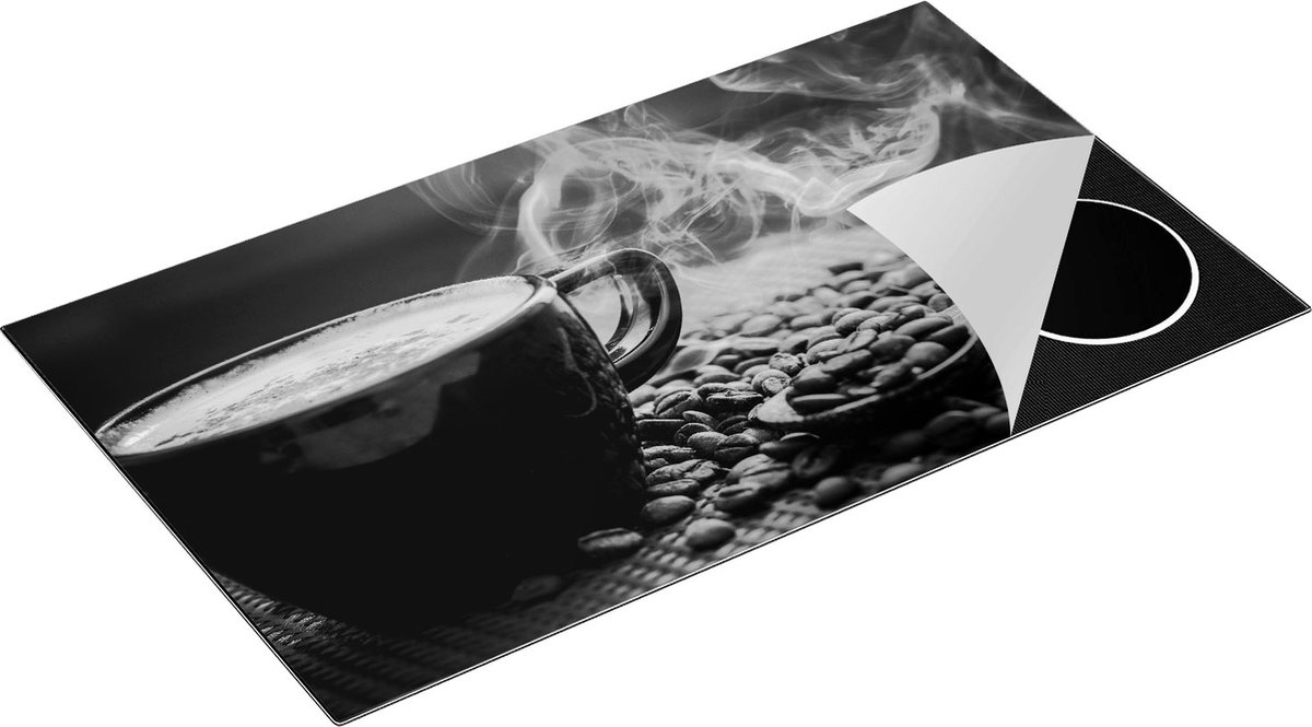 Chefcare Inductie Beschermer Hete Koffie Kop met Koffiebonen - Zwart Wit - 91,2x52 cm - Afdekplaat Inductie - Kookplaat Beschermer - Inductie Mat
