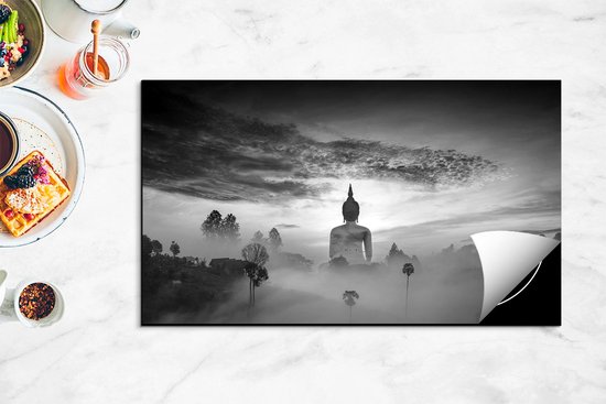 Chefcare Inductie Beschermer Boeddha Beeld in de Mist - Zwart Wit - 91,2x52 cm - Afdekplaat Inductie - Kookplaat Beschermer - Inductie Mat