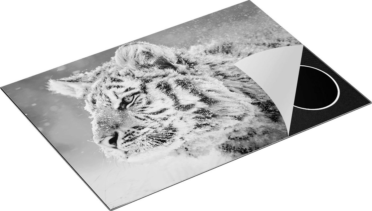 Chefcare Inductie Beschermer Tijger tijdens de Sneeuw - Zwart Wit - 76x51,5 cm - Afdekplaat Inductie - Kookplaat Beschermer - Inductie Mat