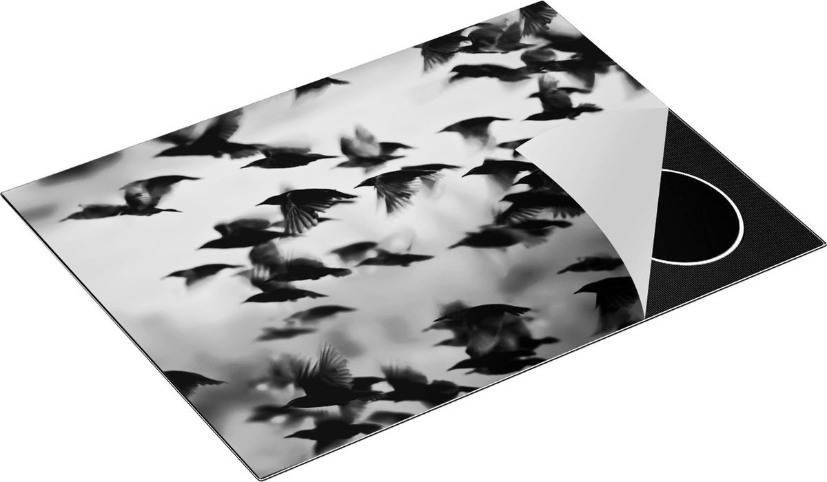Chefcare Inductie Beschermer Groep Vliegende Blauwe Spreeuw Vogels - Zwart Wit - 70x50 cm - Afdekplaat Inductie - Kookplaat Beschermer - Inductie Mat