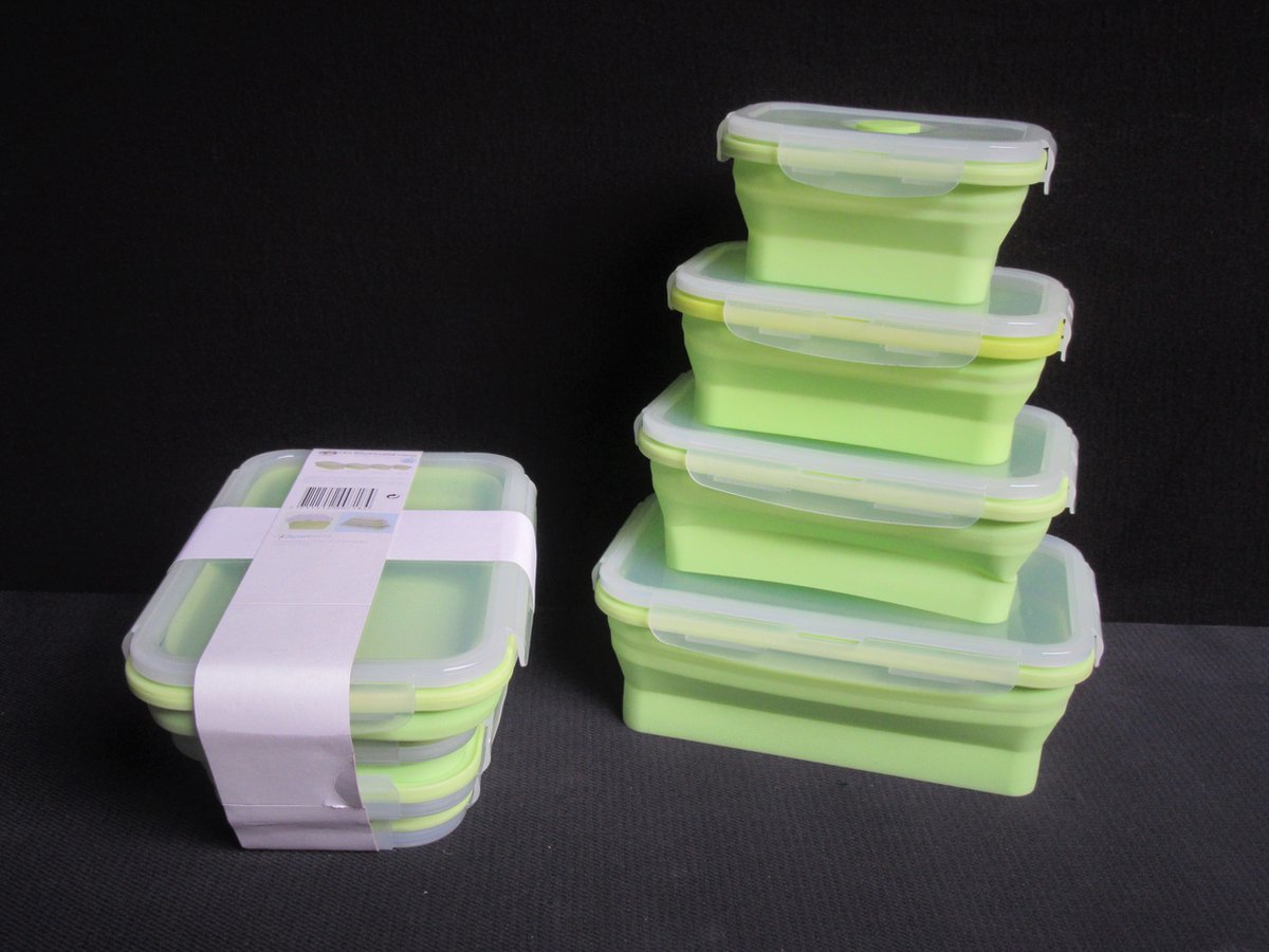 Set van 8 stuks inklapbare Bewaarbakjes - Vershouddozen - Vershoudbakjes - Inklapbare Siliconen Bakjes - 8 stuks - BPA vrij - 2 x 4 stuks Rechthoekig model - Groen