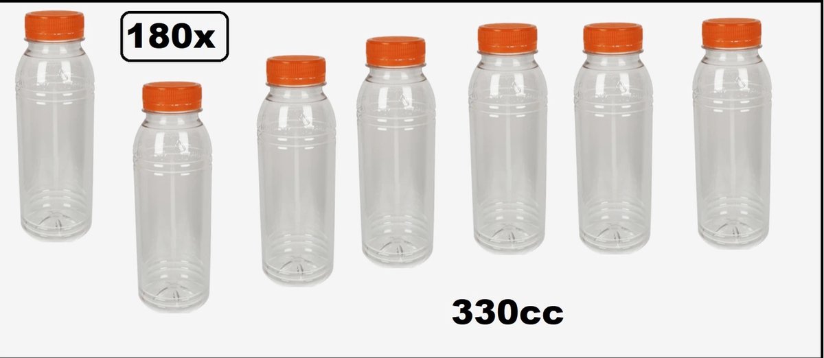 180x Flesje helder 330cc met oranje dop - drink fles vruchten sap limonade drank drinkfles