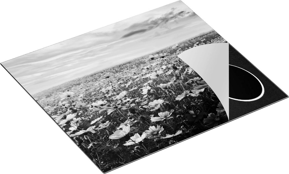 Chefcare Inductie Beschermer Kleurrijke Kosmos Bloemenveld - Zwart Wit - 59x51 cm - Afdekplaat Inductie - Kookplaat Beschermer - Inductie Mat