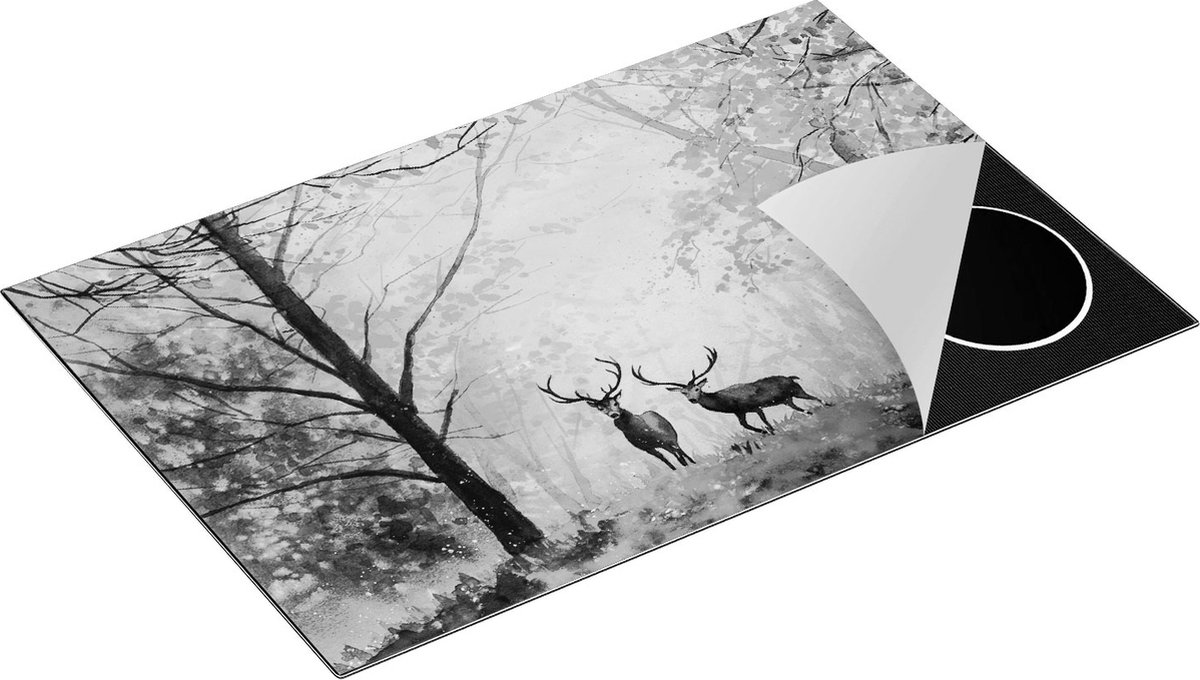 Chefcare Inductie Beschermer Getekende Herten in het Bos - Herfst - Zwart Wit - 81,6x52,7 cm - Afdekplaat Inductie - Kookplaat Beschermer - Inductie Mat