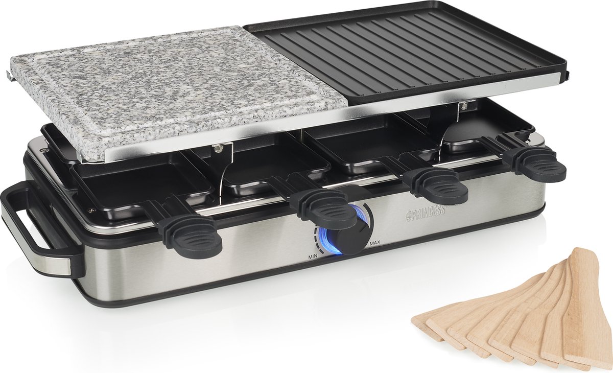 Bol.com Princess Gourmetstel 162635 - Raclette 8 Personen - Steen en Grill Deluxe - 2 meter snoer - Regelbare thermostaat - 1400W aanbieding