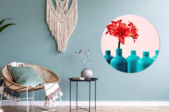 Fleurs d'Amaryllis rouges dans un vase bleu Assiette en plastique cercle mural - ⌀ 90 cm - peinture ronde - impression photo sur cercle mural en plastique (forex) / cercle vivant / (décoration murale)