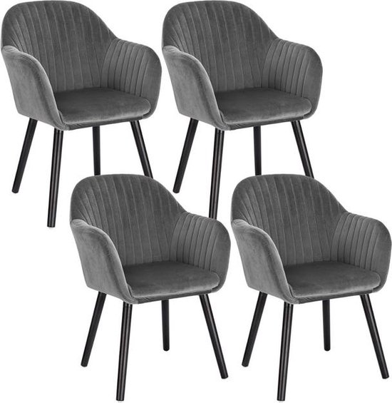 Set van 4 Stoelen - Luxe Eetkamerstoel - Eetkamerstoelen - 4 stoelen - Voor keuken of huiskamer - Moderne look - Geruit - Velvet - Donker grijs