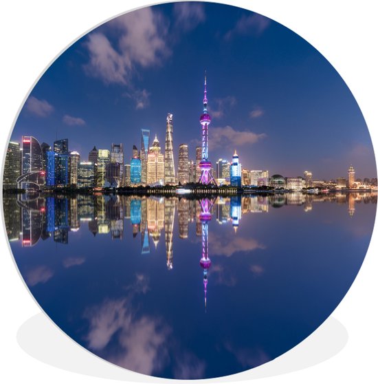 WallCircle - Wandcirkel ⌀ 60 - Shanghai - Skyline - Avond - Ronde schilderijen woonkamer - Wandbord rond - Muurdecoratie cirkel - Kamer decoratie binnen - Wanddecoratie muurcirkel - Woonaccessoires