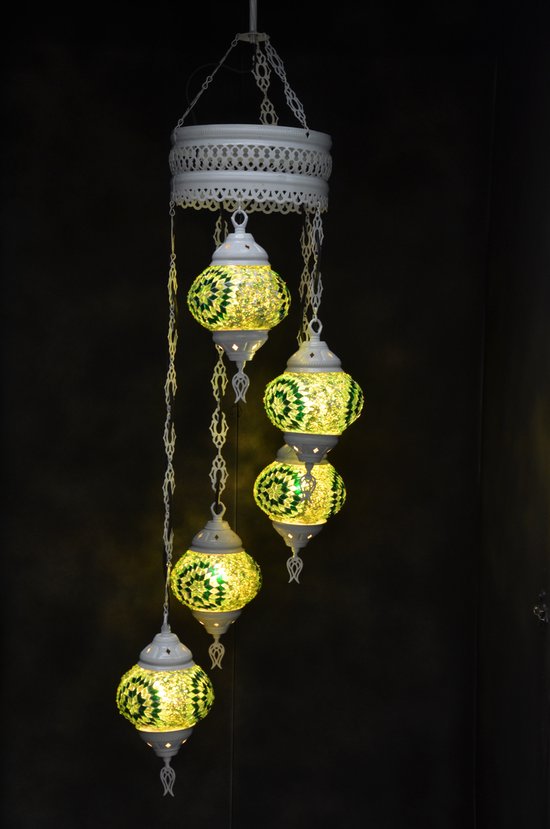Hanglamp multicolour groen glas mozaïek 5 bollen Turkse Oosterse Crèmewit Marokkaanse kroonluchter