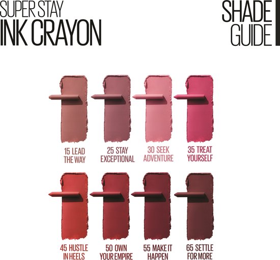 Maybelline Super Stay Ink Crayon schaduwgids met acht bruin- en roze-tinten.