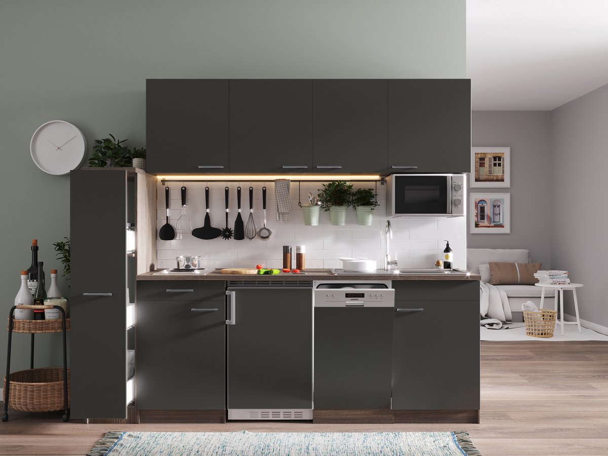 Respekta Goedkope keuken 225 cm complete keuken met apparatuur Oliver Donker eiken Grijs keramische kookplaat vaatwasser magnetron spoelbak
