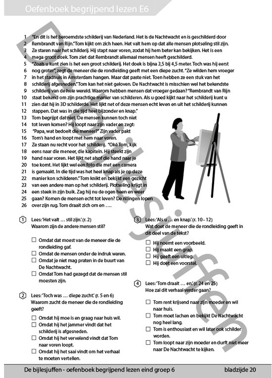 Oefenboek begrijpend lezen eind groep 6, bladzijde 20, met afbeeldingen en leesopdrachten.