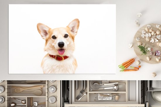 KitchenYeah® Inductie beschermer 81.6x52.7 cm - Corgi met halsband op witte achtergrond - Kookplaataccessoires - Afdekplaat voor kookplaat - Inductiebeschermer - Inductiemat - Inductieplaat mat