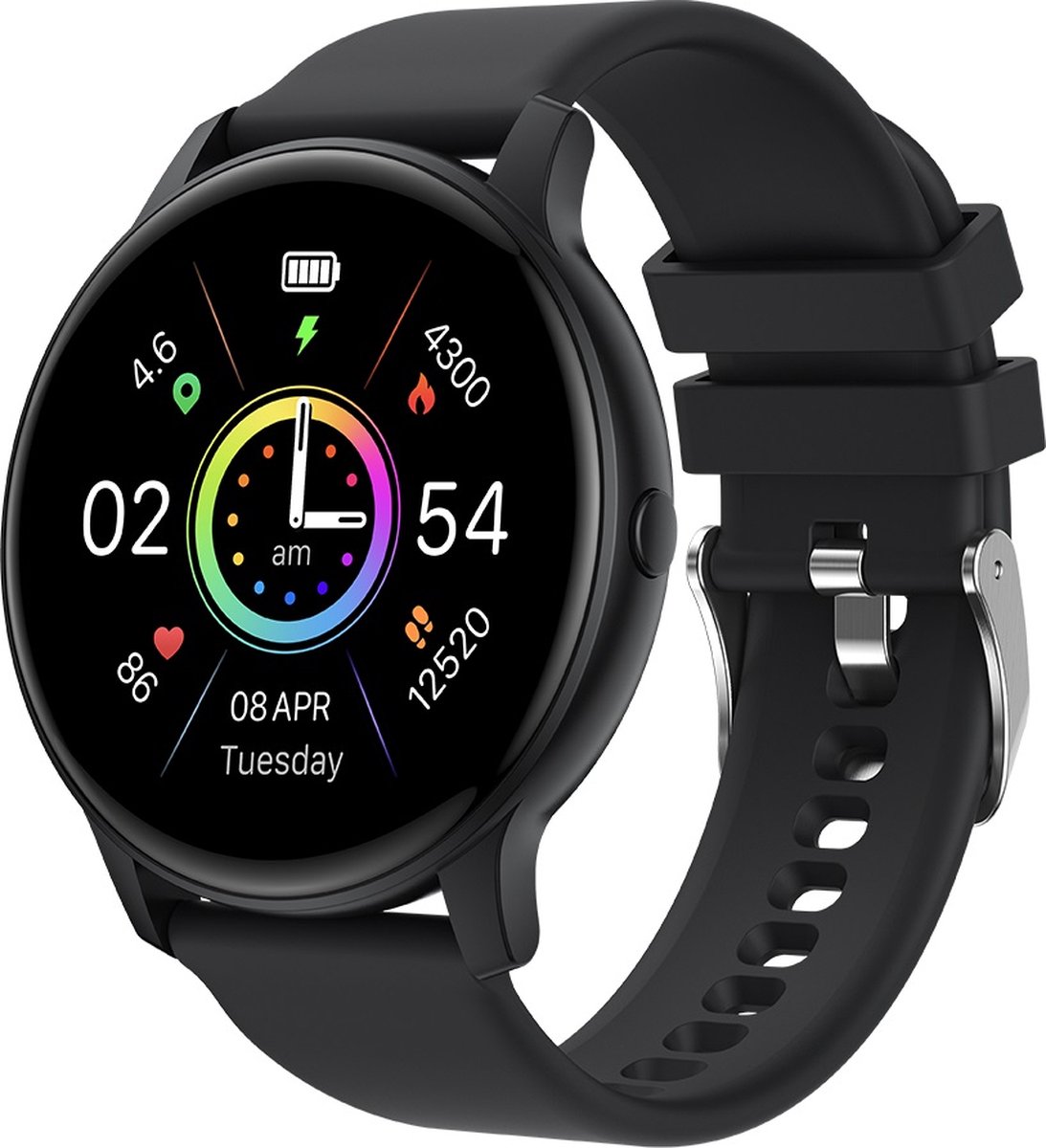 Belesy® SUAVE - Smartwatch Heren – Smartwatch Dames - Horloge – Stappenteller – Calorieën - Hartslag – Sporten - Je eigen foto als wijzerplaat - Kleurenscherm - Full Touch - Bluetooth Bellen – Silicone – Zwart - Moederdag